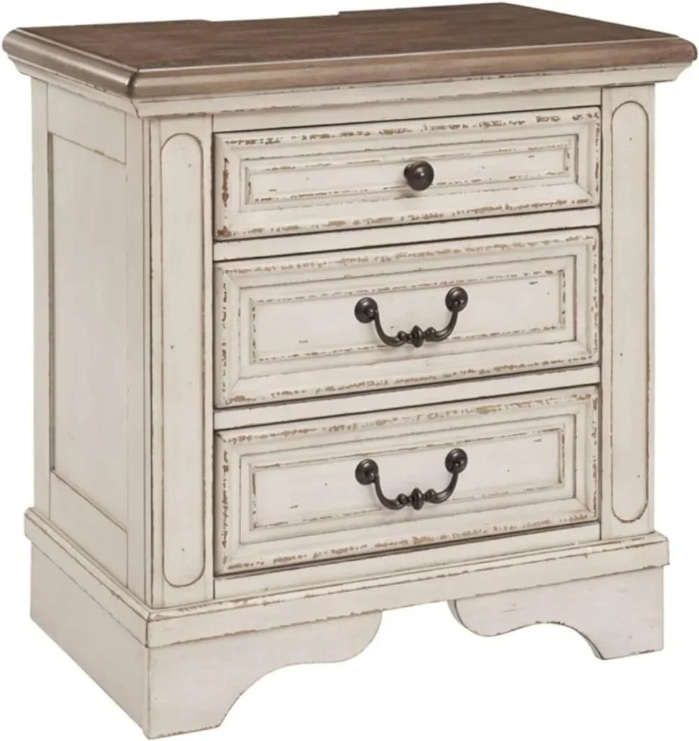 French Country 3 Drawer Nightstand with Electrical Outlets & USB Ports Chipped White TWO-TONE NIGHT STAND