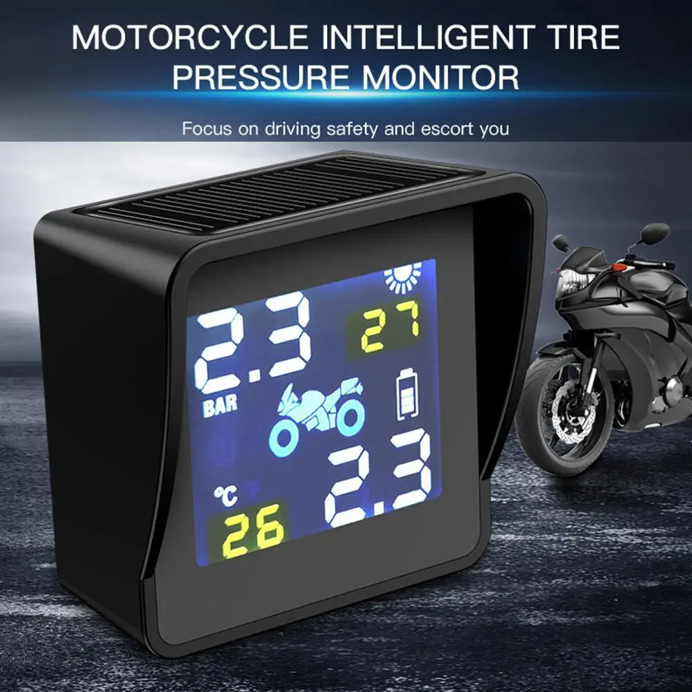 Tire Pressure Sensors Solar Charging LCD Motorcycle TPMS Tire Pressure Tyre Temperature Monitoring Alarm System with 2 Sensors