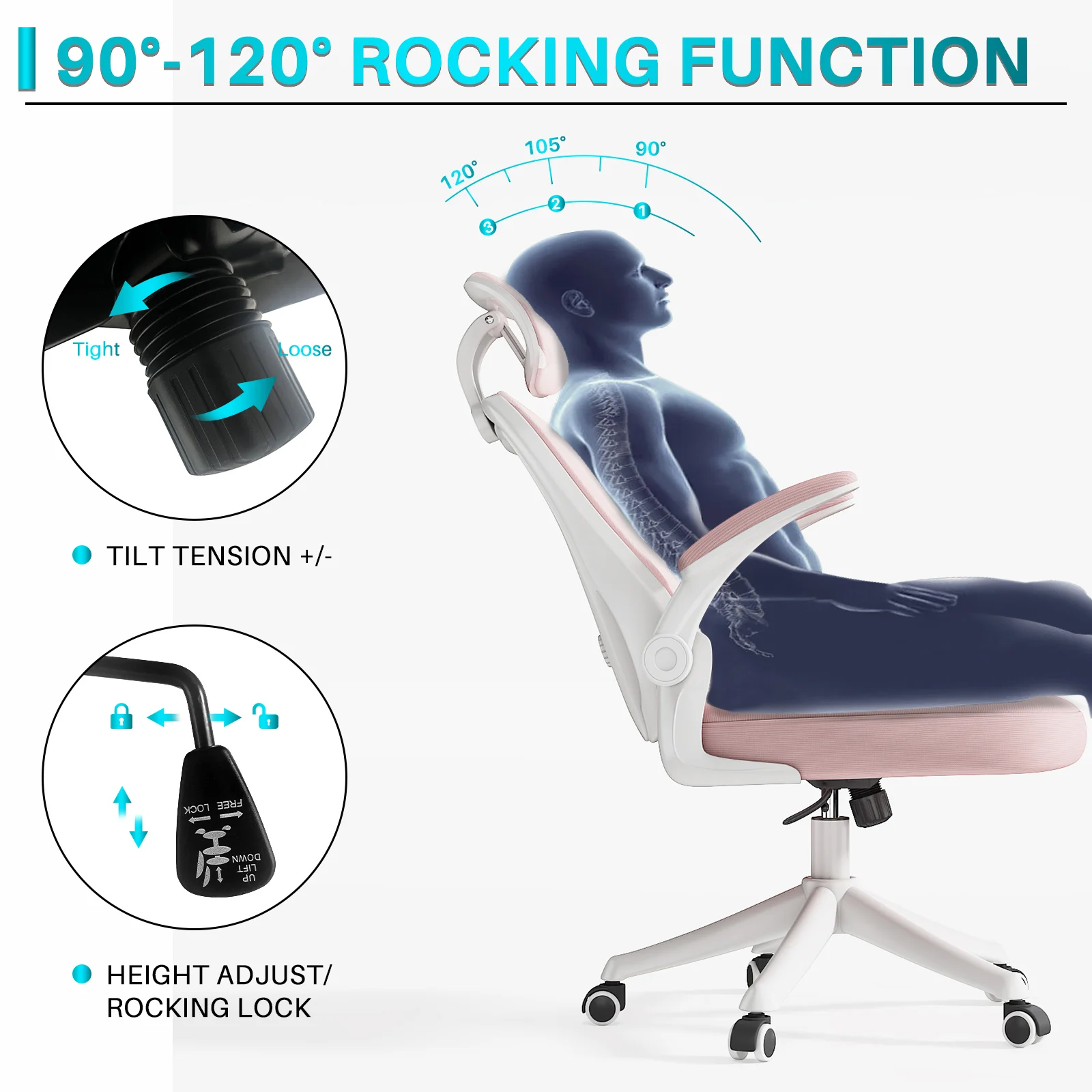 Ergonomic Mesh Office Chair, High Back Computer Desk Chair with Adjustable Lumbar Support, Pink Task Chair with Headrest 6
