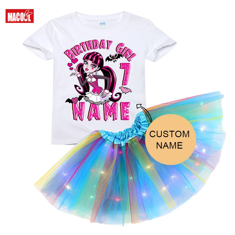 thumbnail image 1 of Conjunto de tutú y vestido para cumpleaños de niñas, traje de fiesta de cumpleaños de Monster High Boll, vestido ligero para fiesta de niñas, falda de 5 años, manga larga, 1 of 5