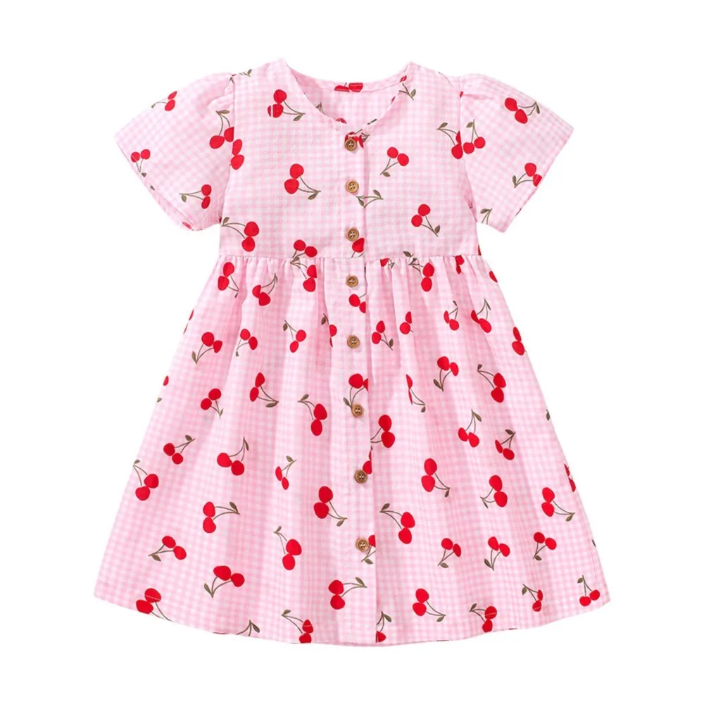 Children's Clothing 2025 Baby Girls Pink Dresses Cartoon Cherry Summer Holiday Dresses Kids Clothes Party Dress