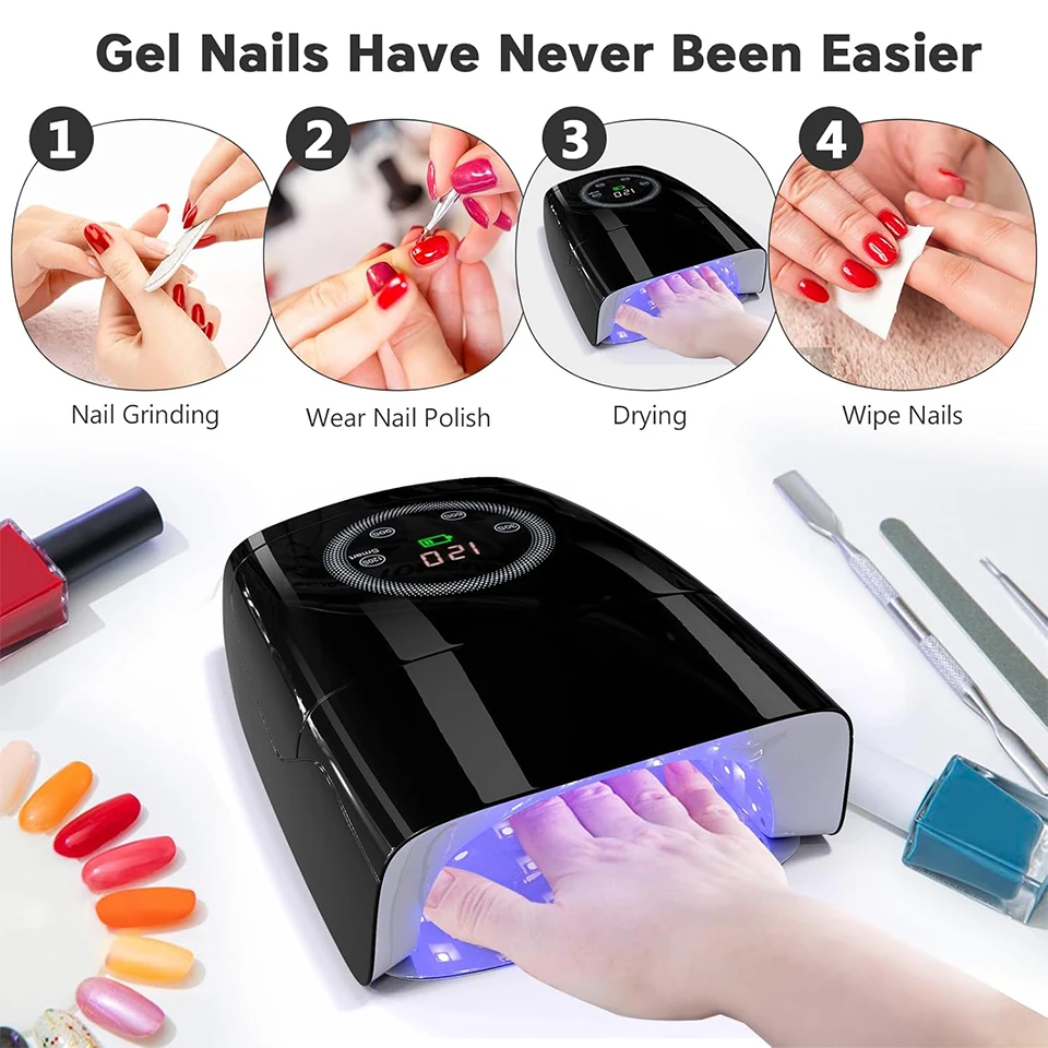 132W 네일 램프 무선 네일 램프 15600mAh 젤 네일 램프 대형 터치 스크린 4 타이머 & 자동 센서 블랙