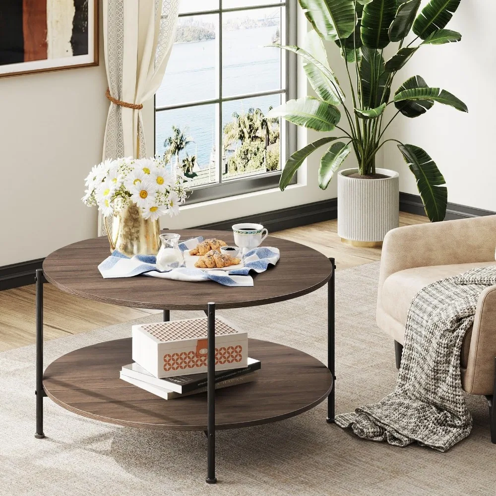 Round Coffee Table for Living Room, Small Coffee Table with Open Storage Shelf, 2-Tier Industrial Circle Wood Center Table 2