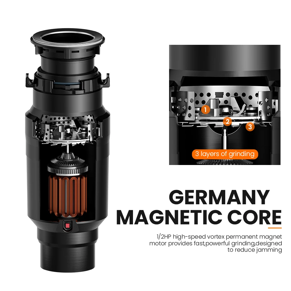 MIUI Continuous Feed Garbage Disposal with Sound Reduction,1/2 HP Food Waste Disposer with