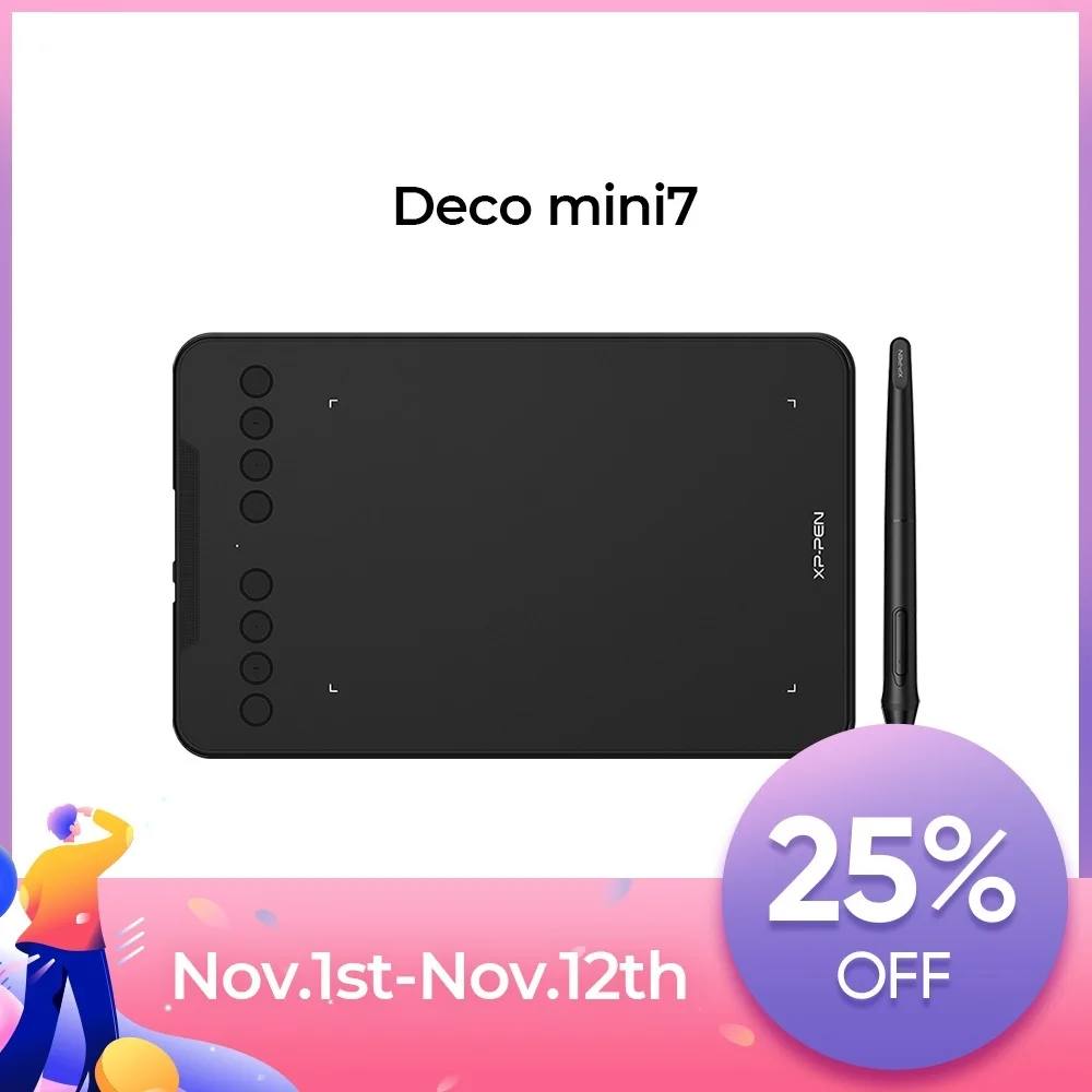 

Графический планшет Deco mini7, цифровой планшет для рисования с безбатарейным стилусом 7x8192 дюймов, 4,37 уровня, совместим с Android, Windows, Mac