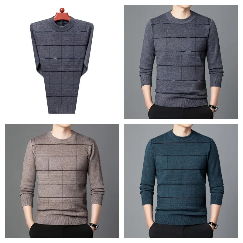 

Мужской осенний Новый Повседневный теплый полосатый клетчатый дизайнерский вязаный свитер с круглым вырезом и длинным рукавом