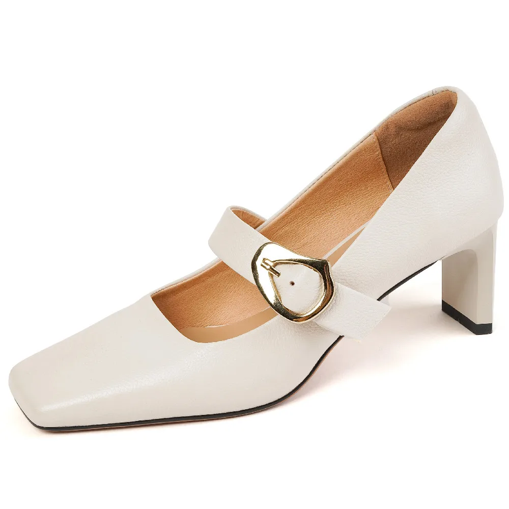 

Women's genuine leather thick high heel square toe slip-on pumps OL style metal buckle elegant ladies mary jane pumps dress shoe
