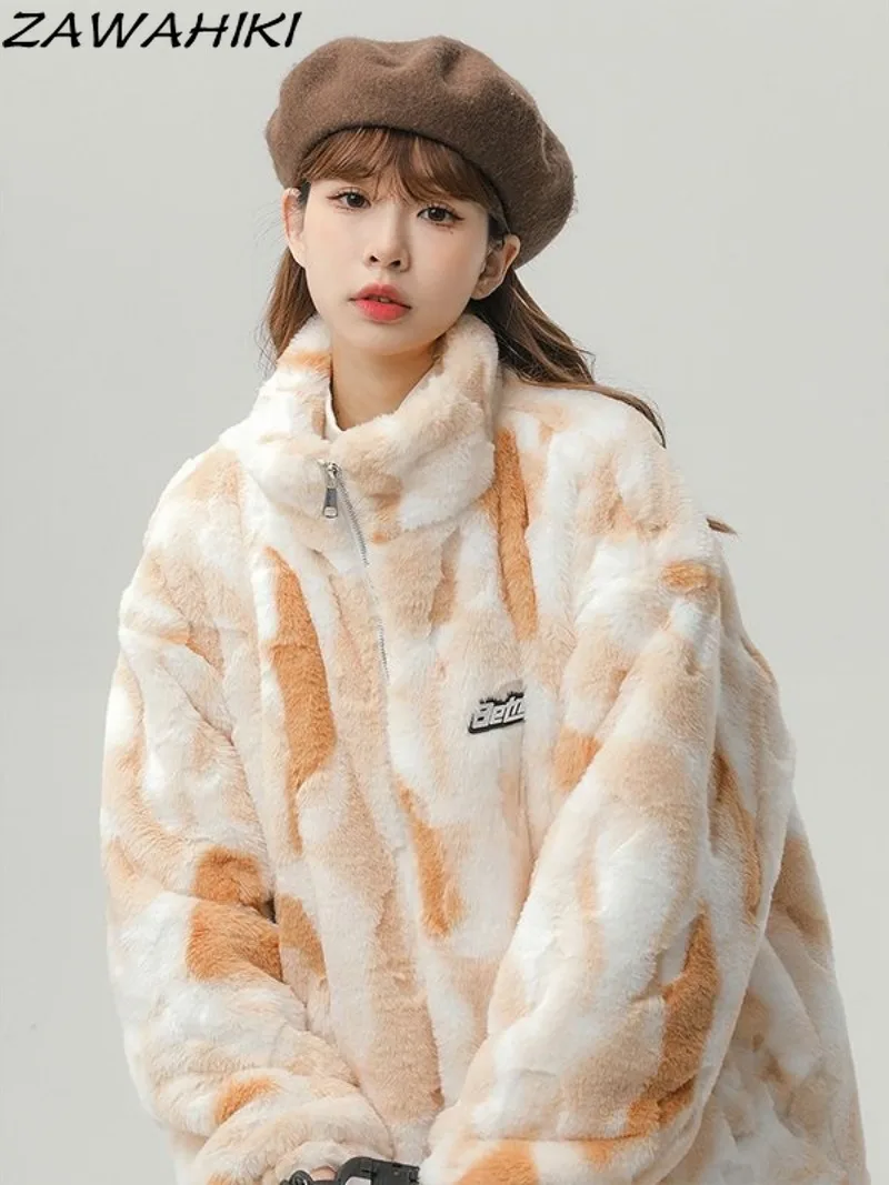 

ZAWAHIKI Fashion Korean New Arrive Tie Dye Faux Fur Warm Soft Winter Jacket Women Loose Versatile Zipper Warm Casual Coat Mujer