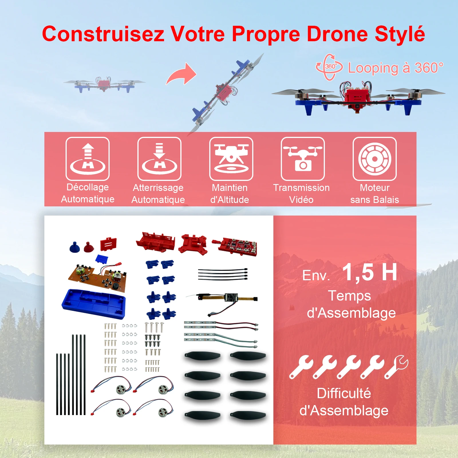 Boîte du kit drone quadricoptère FPV DIY avec moteur brushless et fonction de vol stationnaire optique.