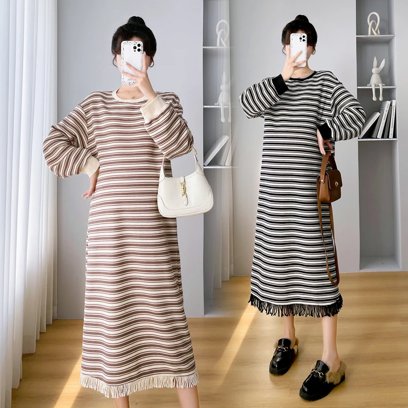 

Korean Style Fashion Loose Winter Pregnant Women Dress Tassel Hem Thickening Knitting Straight Dress Maternity Striped Dresses