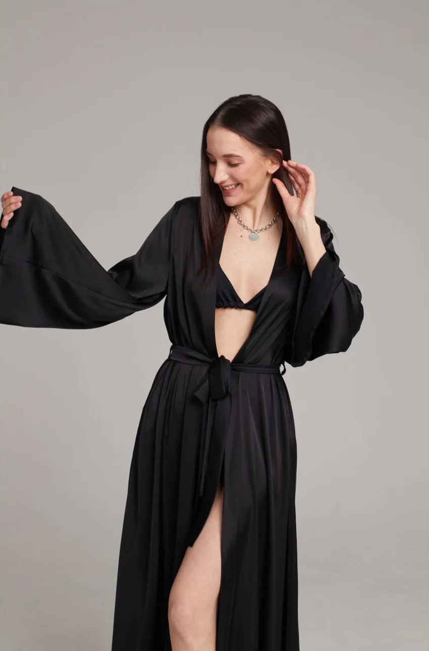 Women's Satin Long Bathrobe Long Sleeve V Neck Ladies Dressing Gown with Sashes Silk Like Solid Loose Kimono for Female Homewear