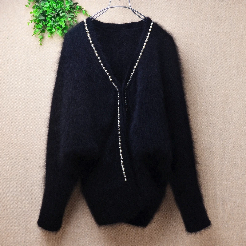 

04 Ladies Women Fall Winter Clothing Black Beading Hairy Mink Cashmere Knitted Short Cardigans Angora Fur Jacket Sweater Coat