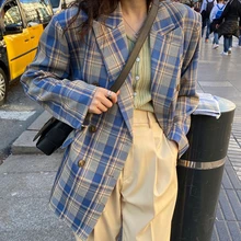 Fashion Winter Plaid Blazer Loose Retro Long-Sleeved Women's Outerwear Contrast Color Casual Cardigan Suit Jacket Autumn