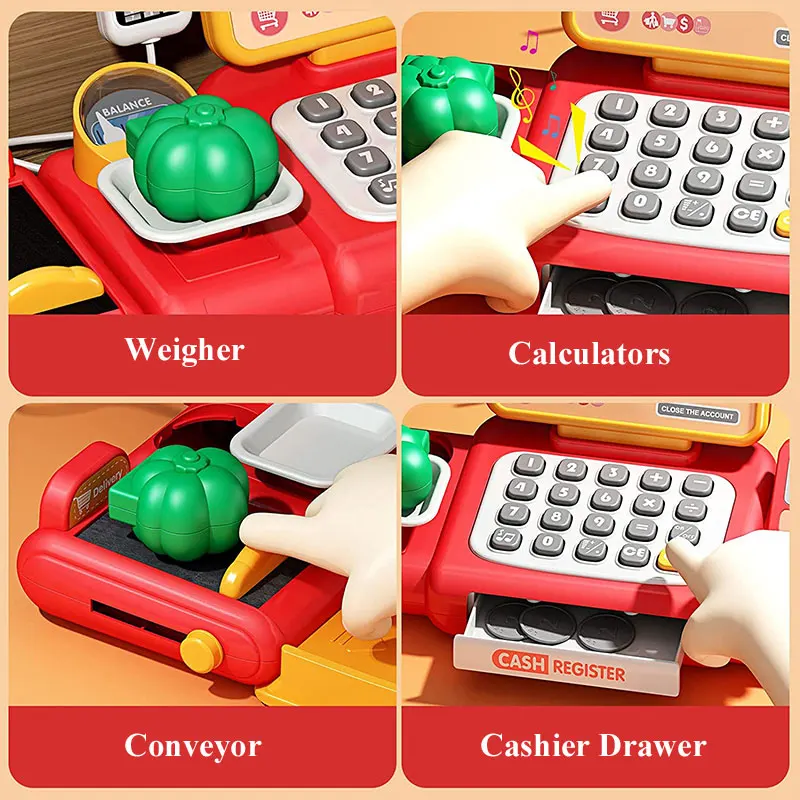 Pretend Play Calculator Cash Register Toy Supermarket Shop Cashier Registers with Scanner Microphone Credit Card Gifts for Kids 3