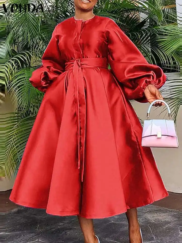 

Elegant Party Dress VONDA Women Long Lantern Sleeve Satin Midi Sundress 2023 Autumn Casual Loose Pleated Solid Robe Belted