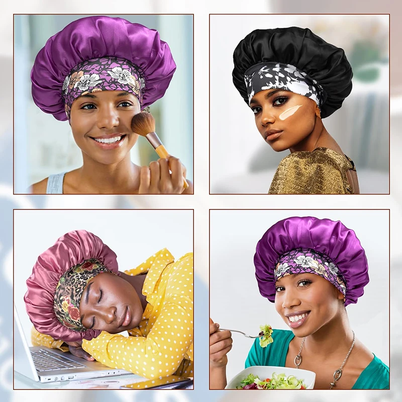 3PCS/LOT Extra Large Satin Sleep Caps For Women Hair Bonnets for Sleeping Braids Curly Night Cap Bath Shower Cap Accessories 6