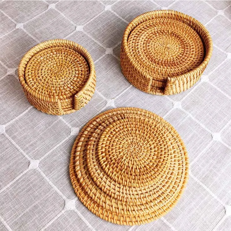 

8-10cm Drink Coasters Set For Kungfu Tea Accessories Round Tableware Placemat Dish Mat Rattan Weave Cup Mat Pad Diameter