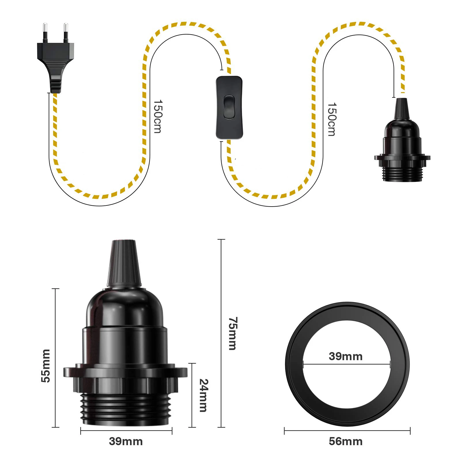 Decorative Lights DIY Lighting Accessories EU Plug Power Cord Vintage Hemp Cord 2 Meters 3 Meters Convered With ON/OFF Switch Retro Pendant Light Design Lighting Decor