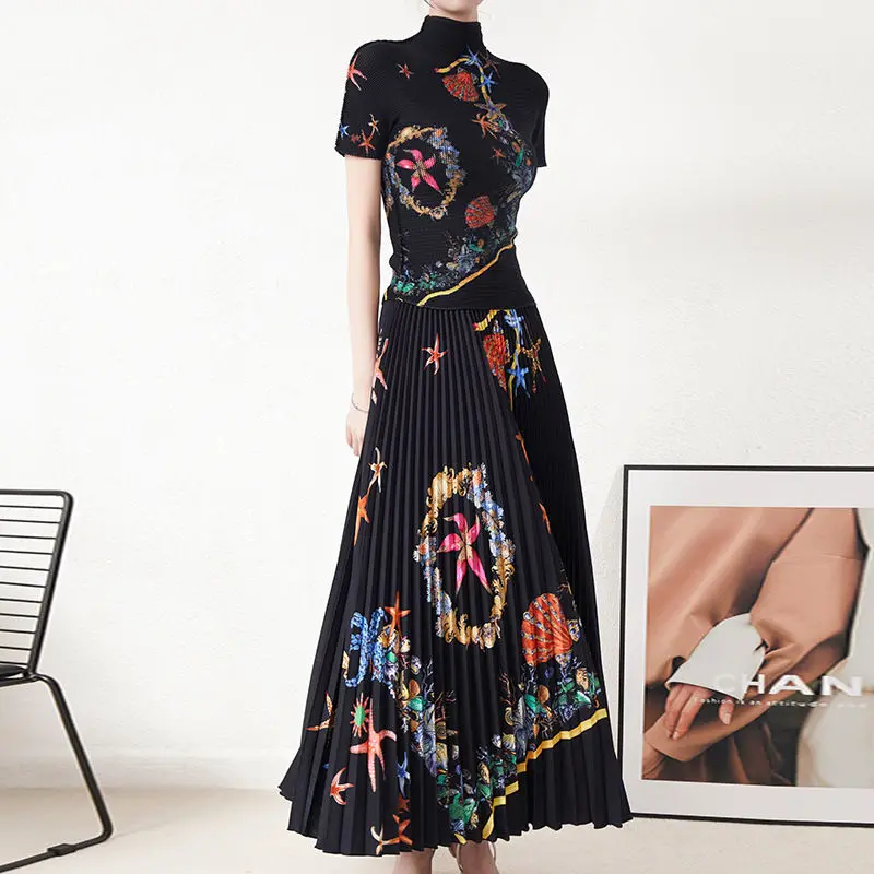 Pleated Women's 2023 New Printed Corn Pleated Short Sleeve Loose  Women's Skirt Set  2 piece sets womens outfits