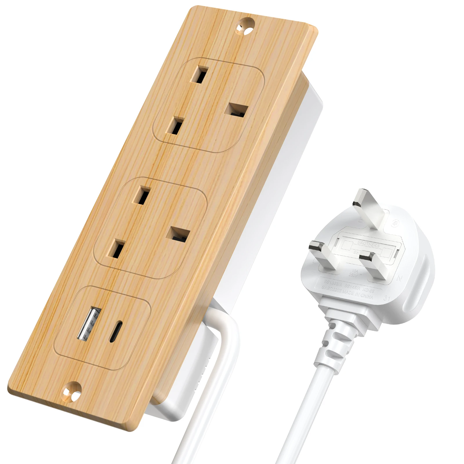 UK Plug Embedded Desktop Socket with USB-A and USB-C PD20W Fast Charging, 2-Meter Extension Cable, Enhanced Safety Features
