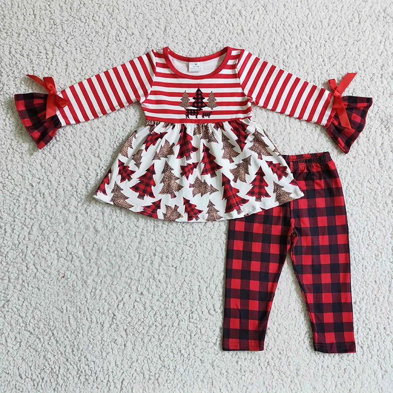 

Wholesale Baby Girl Merry Christmas Set Infant Plaid Pants Ruffle Stripe Long Sleeve Tree Cow Top Kid Children Toddler Outfit