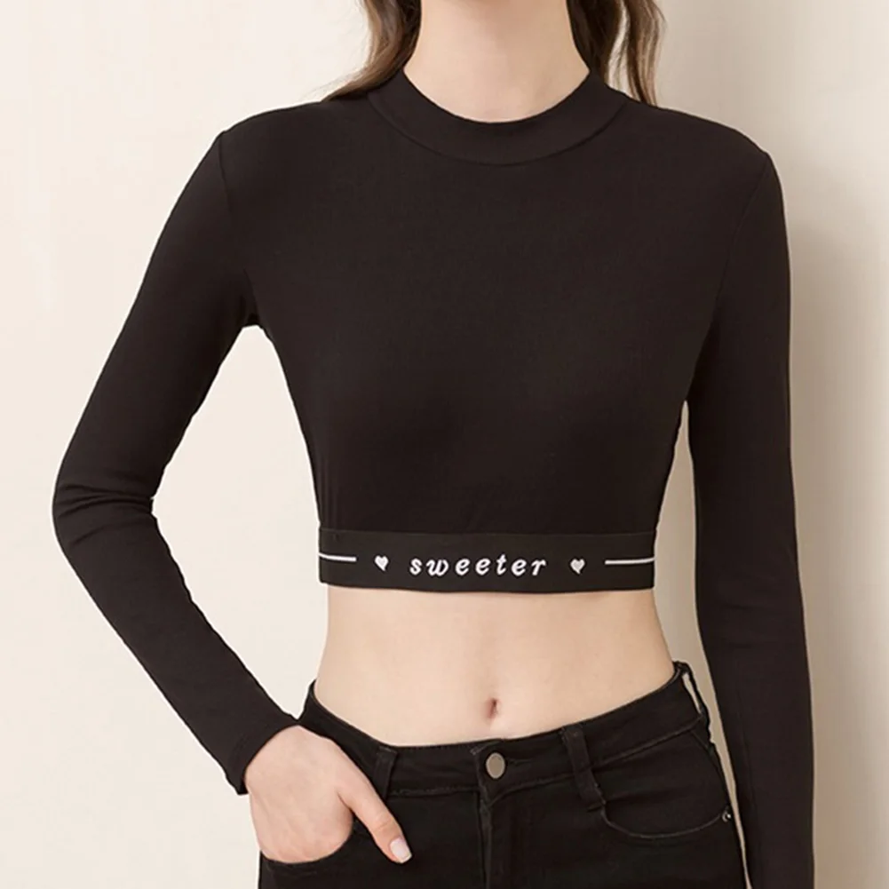 

Top Shirt Crop Top Cropped Bottom Round Neck Slim Long-sleeved Small Turtleneck Threaded Print Bottom Comfy Fashion