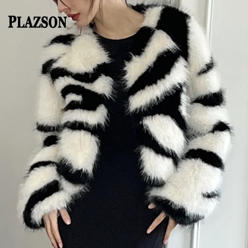 

PLAZSON Zebra Print Faux Fur Coat Streetwear Winter Artificial Fur Jacket Luxury Elegant Party Outwear abrigo mujer invierno2023