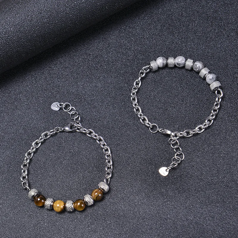 Stainless Steel Adjustable Chain Link Bracelet with Tiger Eyes and Lava Rock Stone for Men