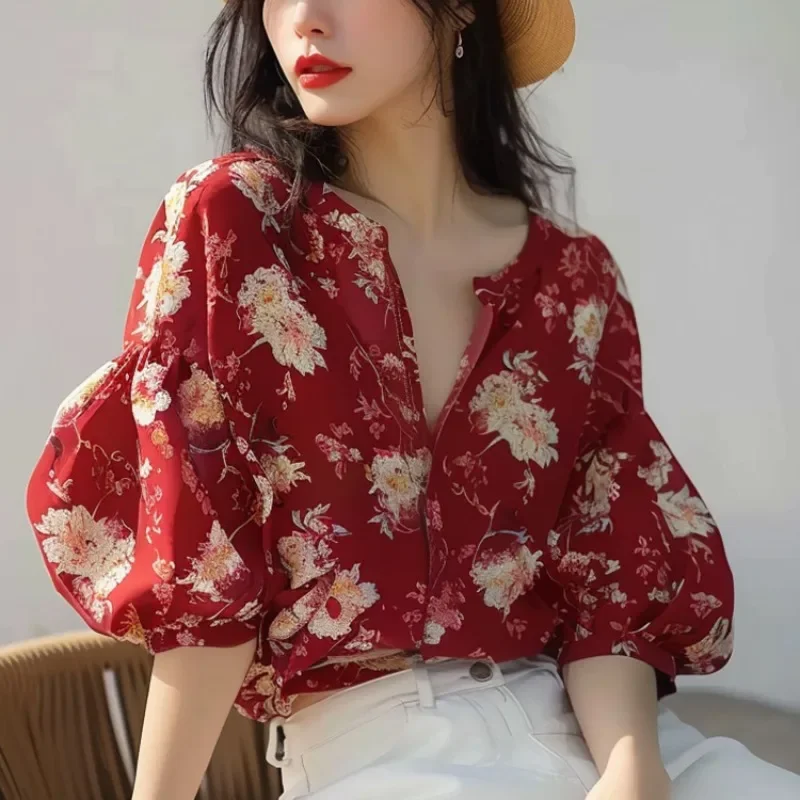 

Chiffon Women's Shirts Summer Vintage Blouses Loose Short Sleeves Women Tops Prints Fashion Clothing YCMYUNYAN