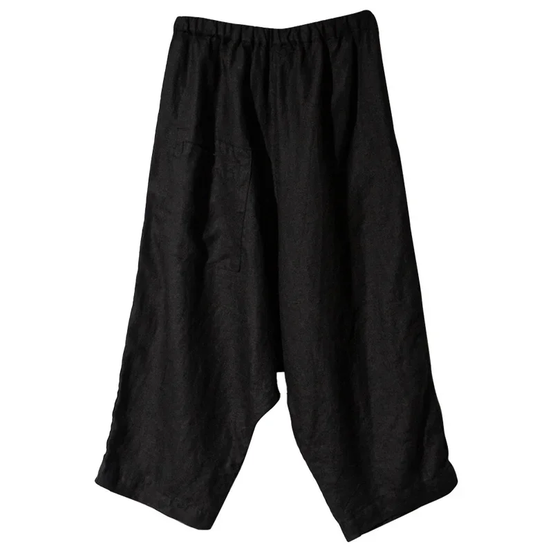 Chic Women Summer Linen Cotton Casual Vintage Wide-leg Pants New Fashion Elastic Wais Pocket Loose Ankle-length Pantalons 6