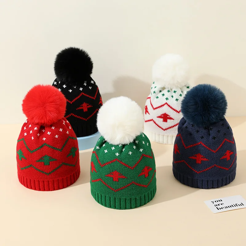 

Pompom Baby Christmas Hat Warm Knitted Kids Beanie Hats for Girls Boys Accessories New Year Children Winter Cap 1-6Y