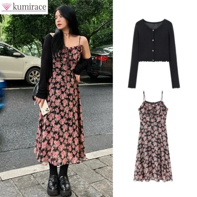 Large Size Explosive Street Set for Women's Autumn Black Knitted Cardigan Floral Suspender Dress Two Piece Set For Woman кварцевые часы aliexpress explosive dz 2020 доступны в больших количествах для мужского повседневного стиля 7311 black belt