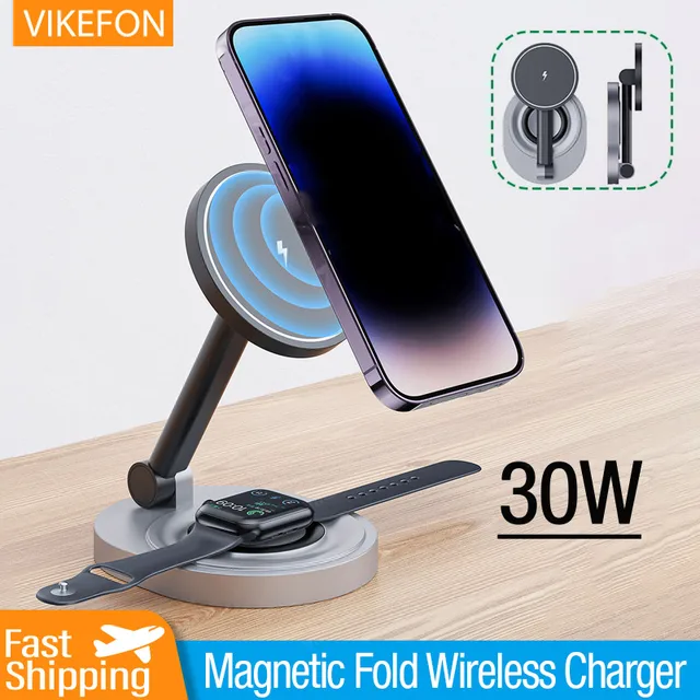 Magnetic 2 In 1 Wireless Charger Stand  Pad Fast Charging Station Dock For iPhone 15 14 13 12 Pro Max Apple Watch 8 7 6 Airpods