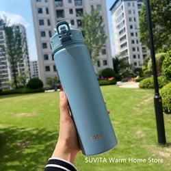 Insulated Stainless Steel Thermos Bottle with Straw - Perfect for Outdoor Sports, 600ml-750ml Capacity (Blue B)