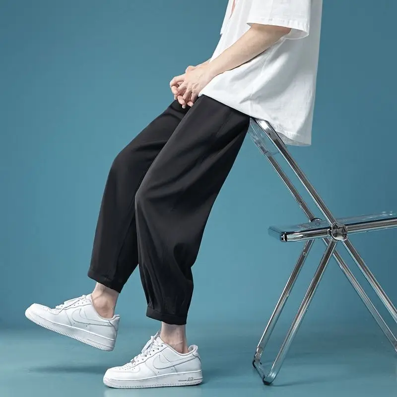 2023 New Summer Slim Fashion Cool Ice Silk Loose Trend Sports Casual Quick Drying Versatile Leggings Men's Solid Color Pants