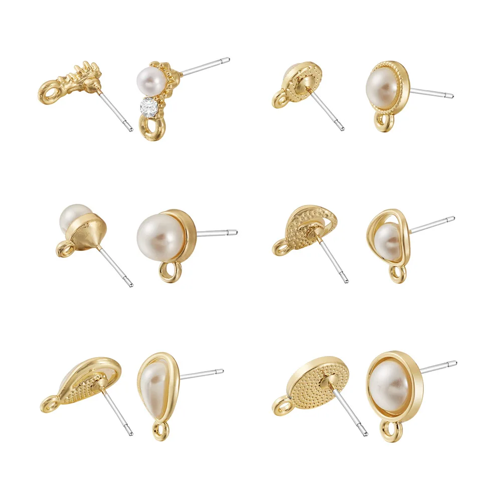 Kissitty 24Pcs 6 Style Alloy Stud Earring Findings With Silver Color Pin ABS Plastic Pearl for Women Earrings Jewelry Finding