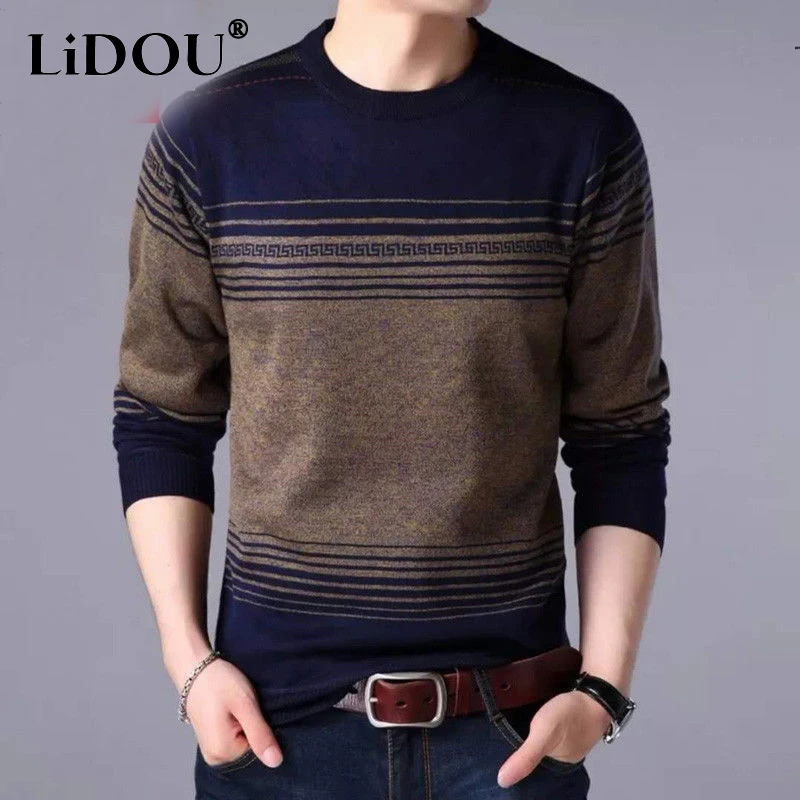 Spring Autumn Vintage Striped Print Long Sleeve Sweaters for Men All Match Pullovers Keep Warm Loose Casual Fashion Male Clothes