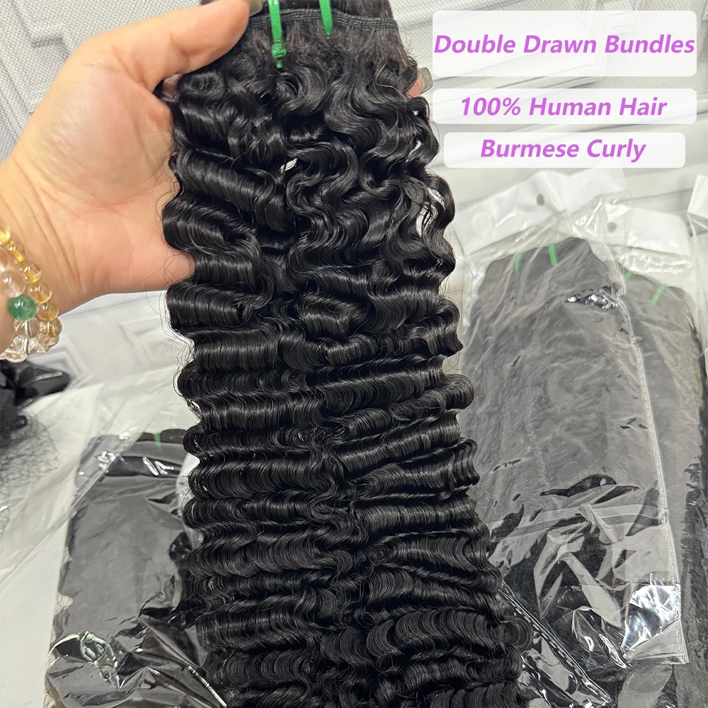 Super Double Drawn Burmese Curly Hair Bundles Full Thick Hair End Extensions with Lace Closure Frontal  4x4 5x5 13x4 Lace