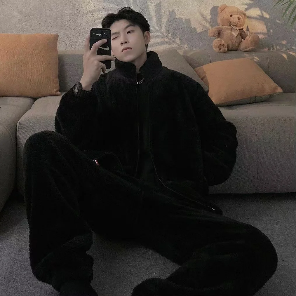 M-4XL Pajama Sets For Men Winter Thick Warm Flannel Pyjamas 2 Pieces /Sets Long Sleeve Sleepwear Homewear Casual