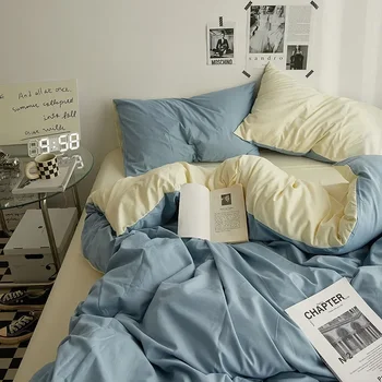 Set di Biancheria da Letto in Cotone Lavato a Doppia Trattazione di Alta Qualità, 4 Pezzi, per Dormitorio Studentesco