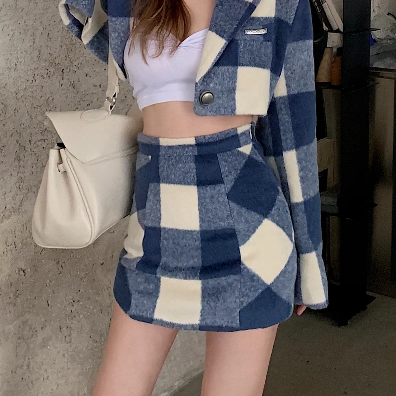 

Sexy Chic High Waist Skirts 2021 Sweet Woollen Plaid Mini Skirts Summer Women Preppy Style Cute Loose Blue and White Plaid Skirt