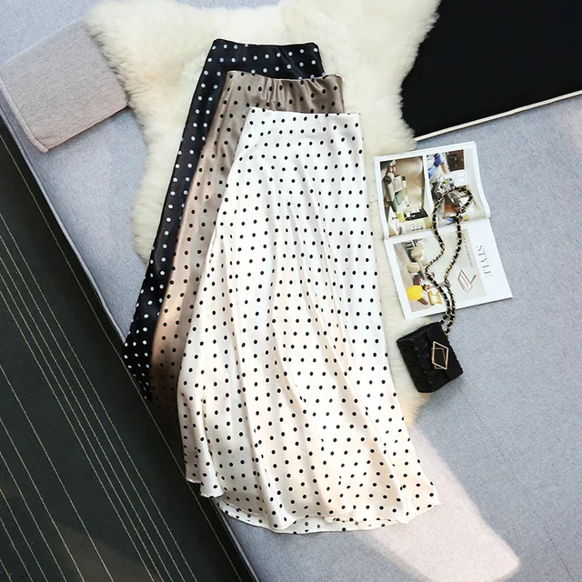Seoulish Vintage Polka Dot Satin Mermaid Skirts for Women 2025 New Spring Summer High Waist Casual Mid Length Women's Skirts