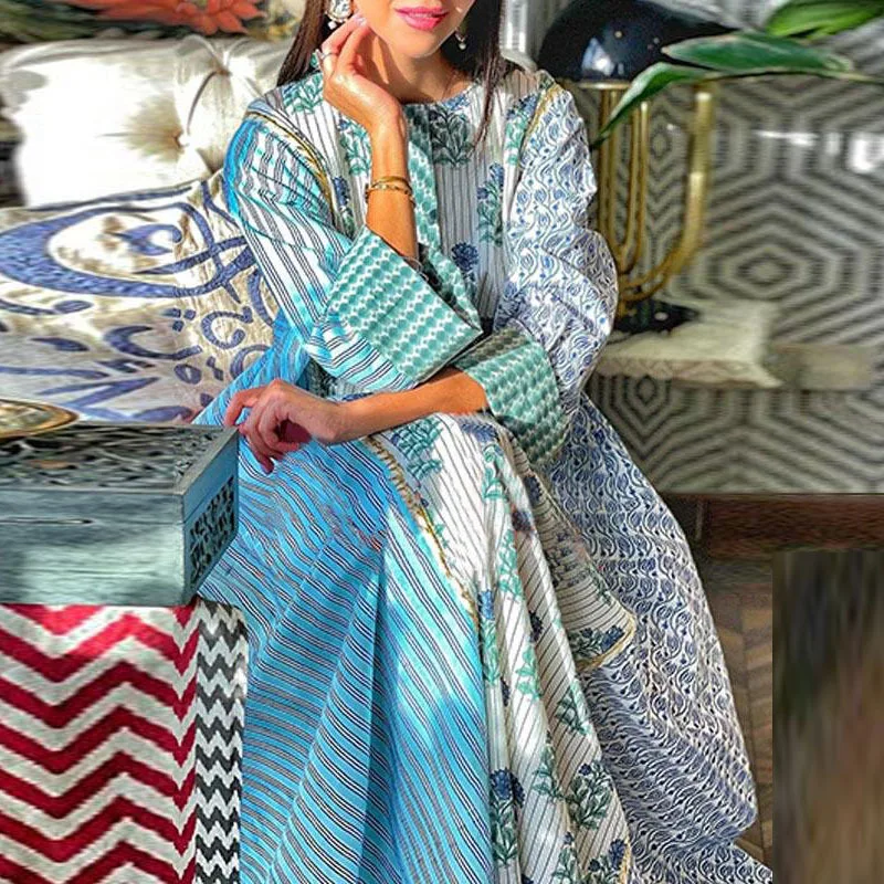 

Y2k Elegant and Pretty Women's Dresses 2023 Summer Cross Border New Casual Print Long Round Neck Swing Dress