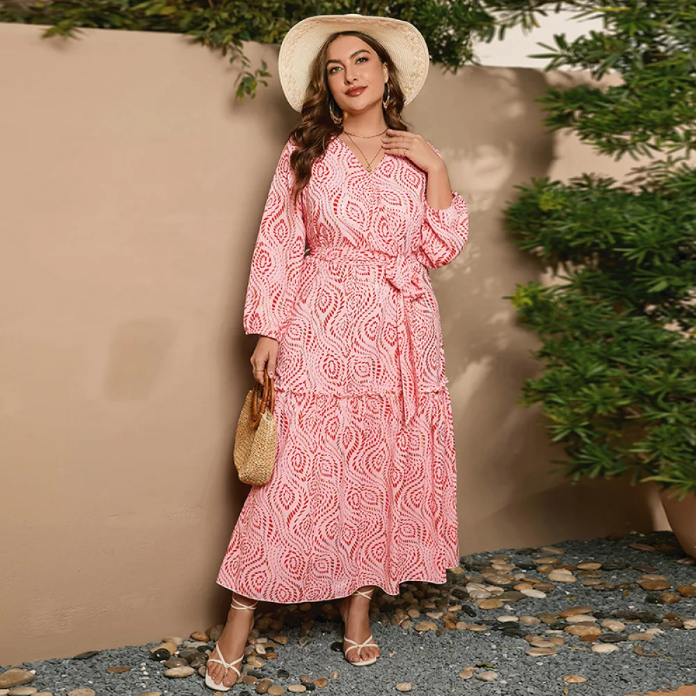 

Plus Size Temperament Bohemian Women Swing Dress Falbala Office Lady Elastic Waist Workwear Floral Fat MM Beach Girl Clothes