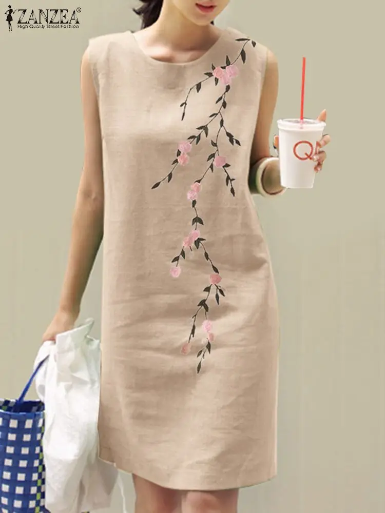 

ZANZEA Bohemian Floral Printed Robe Summer Vintage Embroidery Dress Casual Stylish Tank Vestido Woman Sleeveless O-Neck Sundress