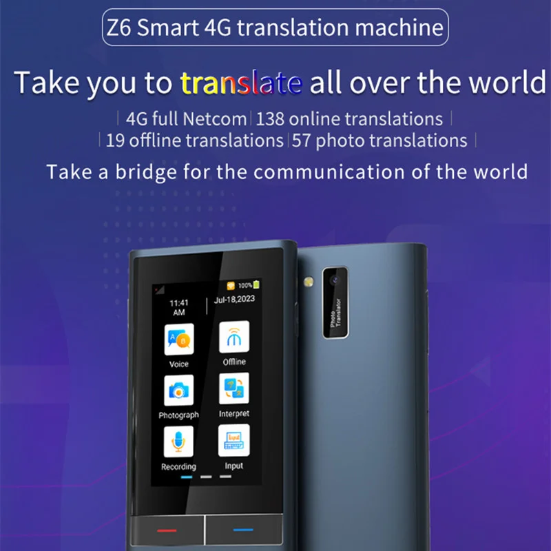 Voice Translator Z6 117 Languages 3.1inch IPS Screen 4G SIM 8G Memory Recording