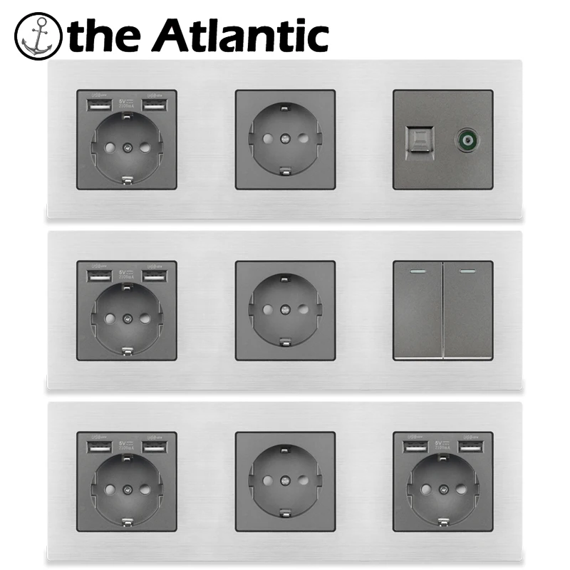 Presa Di Corrente Eu De Con Presa E Interruttore Usb Hdmi Rj45 Tv Presa Tripla Presa Elettrica Cornice In Metallo Grigio Argento Spina Ue