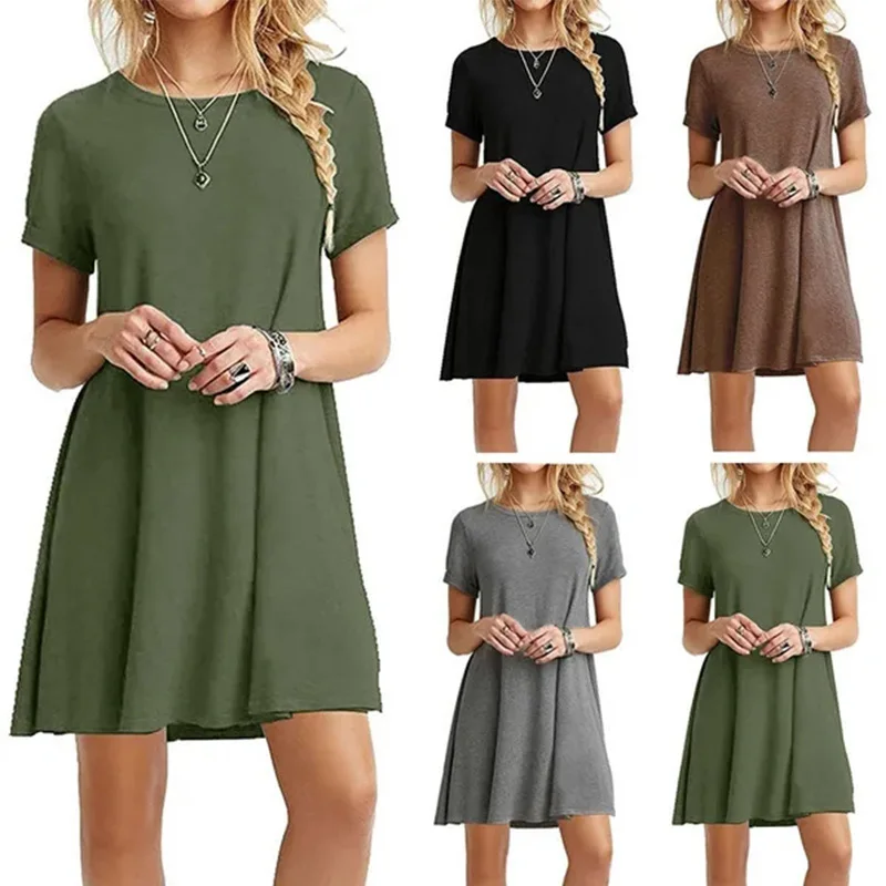 Fashion Women Trending Clothes  Printing Short Sleeve Round-Neck Women's Fashion Medium Length Dress T-shirt