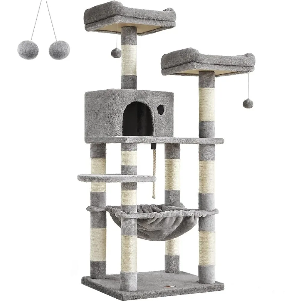 

56.3-Inch Cat Condo With Scratching Posts House for Cats Scratcher Hammock Plush Perch Light Gray UPCT15W Sisal Pet Katzen Toy