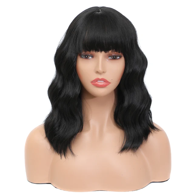 Aigemei Natural Water Wave Wigs with Bang Heat Resistant Fiber Synthetic Wigs For America Africa Women Cosplay 1B/30HL